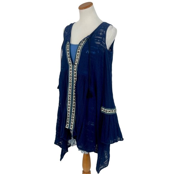 Free People Navy Blue Embroidered Bell Sleeve Cold Shoulder Tunic Mini Dress - Picture 6 of 15